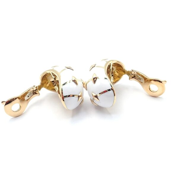 Tiffany & Co Schlumberger Dot Losange 18k Yellow Gold White Enamel Hoop Earrings - Picture 6 of 15